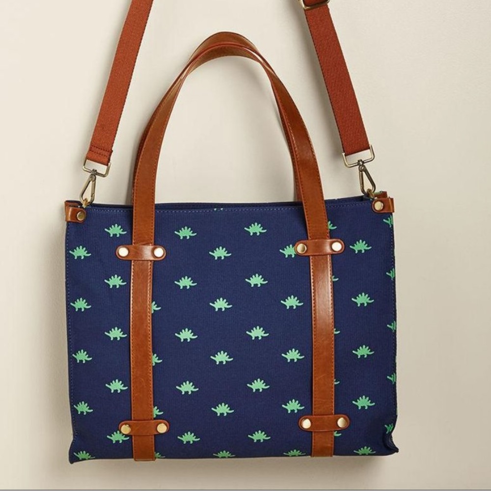 ModCloth Camp Directors Tote in Fox Blue with Green Stegosauruses | Laptop Bag
